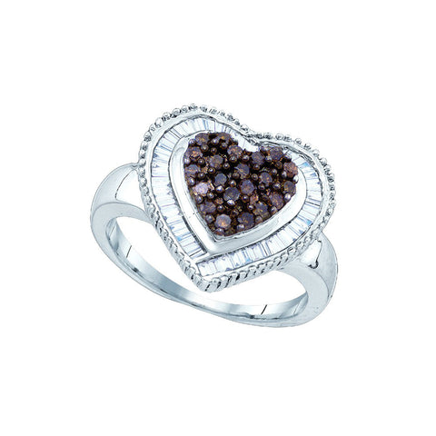 Sterling Silver Womens Round Cognac-brown Colored Diamond Heart Cluster Ring 3/4 Cttw 79421 - shirin-diamonds