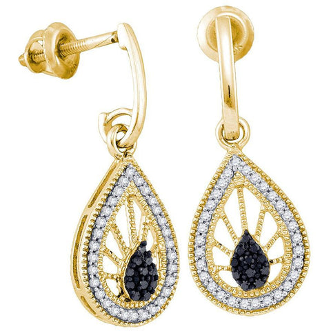 10kt Yellow Gold Womens Black Colored Diamond Teardrop Dangle Earrings 1/3 Cttw 80349 - shirin-diamonds