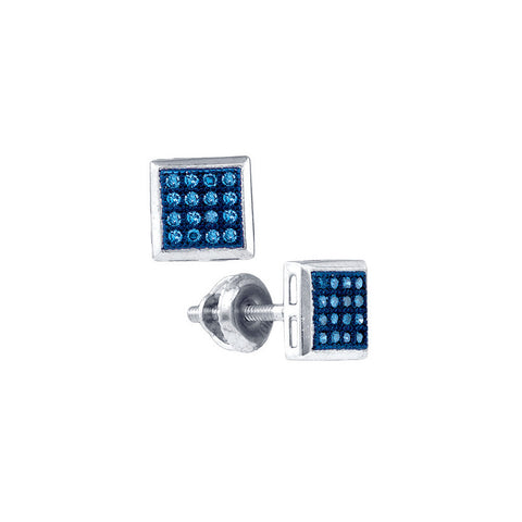 10k White Gold Womens Blue Colored Diamond Square Cluster Screwback Stud Earrings 1/10 Cttw 81466 - shirin-diamonds