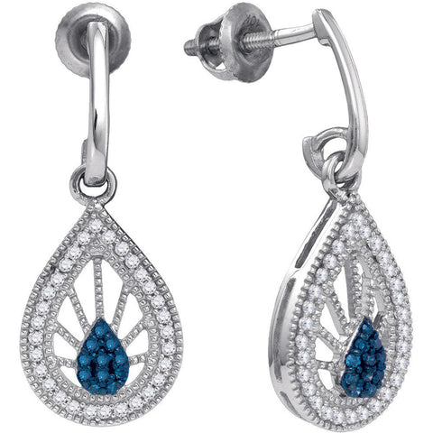 10kt White Gold Womens Round Blue Colored Diamond Teardrop Screwback Earrings 1/4 Cttw 81488 - shirin-diamonds