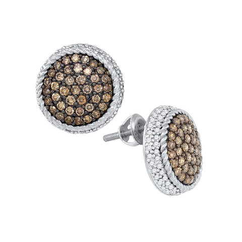 10kt White Gold Womens Round Cognac-brown Colored Diamond Roped Cluster Screwback Earrings 1-1/3 Cttw 81610 - shirin-diamonds
