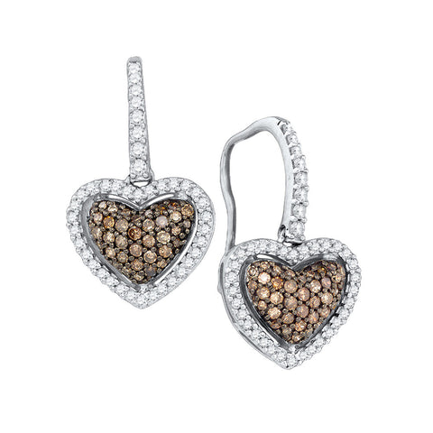 10kt White Gold Womens Cognac-brown Colored Diamond Heart Dangle Earrings 5/8 Cttw 81612 - shirin-diamonds
