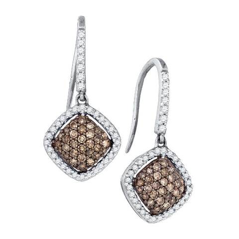 10kt White Gold Womens Round Cognac-brown Colored Diamond Square Cluster Dangle Earrings 5/8 Ctw 81614 - shirin-diamonds
