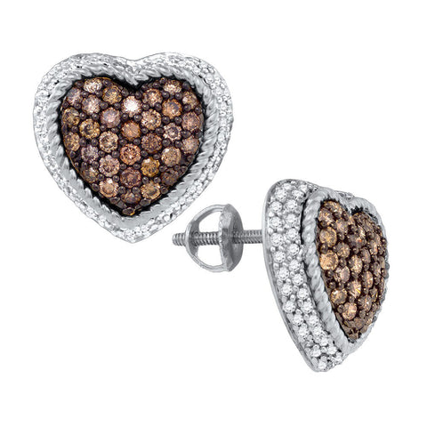 10kt White Gold Womens Round Cognac-brown Colored Diamond Heart Cluster Earrings 1-1/3 Cttw 81616 - shirin-diamonds