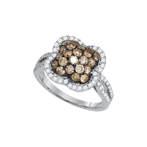 10kt White Gold Womens Round Cognac-brown Colored Diamond Quatrefoil Cluster Ring 1-1/2 Cttw 81696 - shirin-diamonds