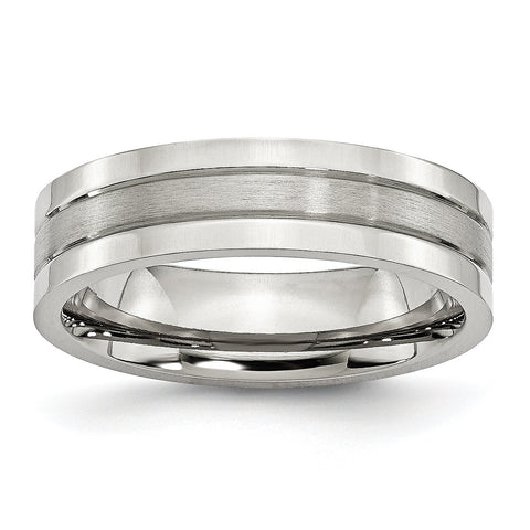 Stainless Steel Grooved 6mm Satin and Polished Band Ring 13 Size