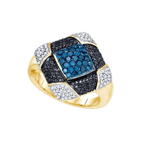 10kt Yellow Gold Womens Round Blue Black Colored Diamond Square Cluster Ring 7/8 Cttw 82161 - shirin-diamonds