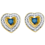 10kt Yellow Gold Womens Round Blue Colored Diamond Solitaire Heart Screwback Earrings 1/3 Cttw 83109 - shirin-diamonds