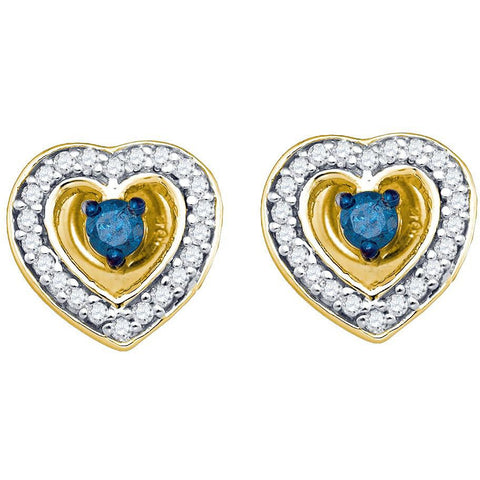 10kt Yellow Gold Womens Round Blue Colored Diamond Solitaire Heart Screwback Earrings 1/3 Cttw 83109 - shirin-diamonds