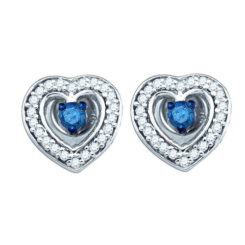 10kt White Gold Womens Round Blue Colored Diamond Solitaire Heart Screwback Earrings 1/3 Cttw 83110 - shirin-diamonds
