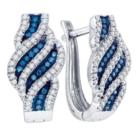 10kt White Gold Womens Round Blue Colored Diamond Spiral Stripe Hoop Earrings 1/3 Cttw 84124 - shirin-diamonds