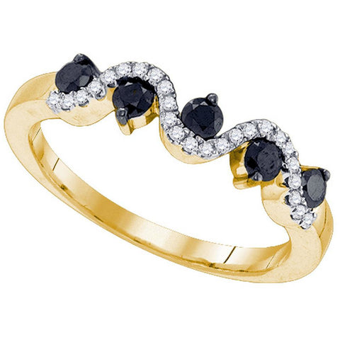 10kt Yellow Gold Womens Round Black Colored Diamond Wave Band 3/8 Cttw 84514 - shirin-diamonds
