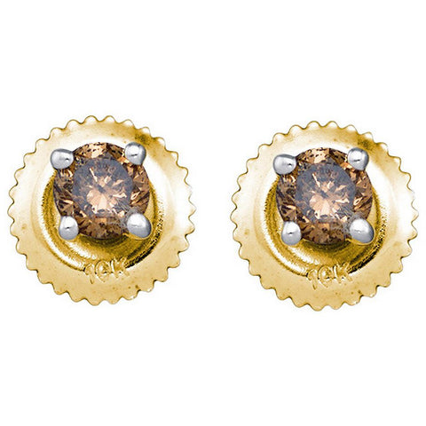 10kt Yellow Gold Womens Round Cognac-brown Colored Diamond Solitaire Screwback Earrings 1.00 Cttw 84565 - shirin-diamonds