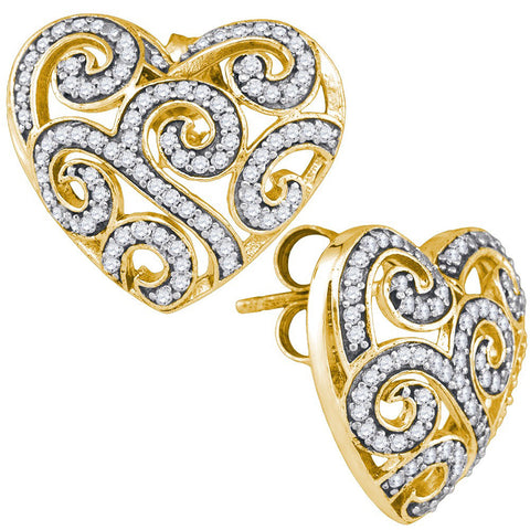 10kt Yellow Gold Womens Round Diamond Heart Love Cluster Earrings 1/2 Cttw 85842 - shirin-diamonds