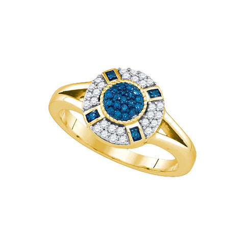 10kt Yellow Gold Womens Round Blue Colored Diamond Circle Cluster Ring 3/8 Cttw 86364 - shirin-diamonds