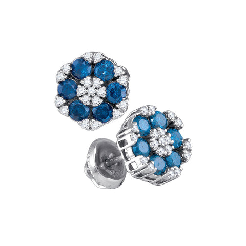 10kt White Gold Womens Round Blue Colored Diamond Cluster Screwback Earrings 1.00 Cttw 86387 - shirin-diamonds