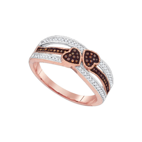 10kt Rose Gold Womens Round Red Colored Diamond Double Heart Love Striped Ring 1/5 Cttw 88361 - shirin-diamonds