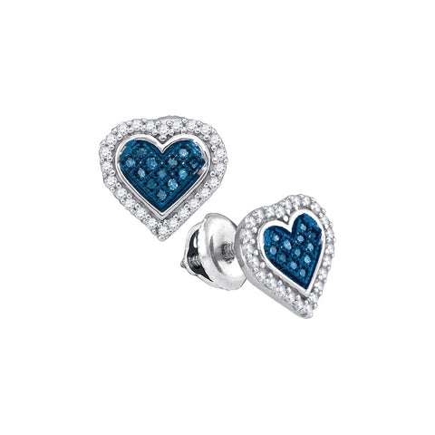 10kt White Gold Womens Round Blue Colored Diamond Heart Love Stud Screwback Earrings 1/4 Cttw 88747 - shirin-diamonds