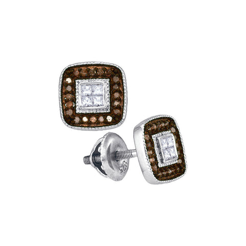 10kt White Gold Womens Round Cognac-brown Colored Diamond Square Cluster Earrings 1/3 Cttw 88777 - shirin-diamonds