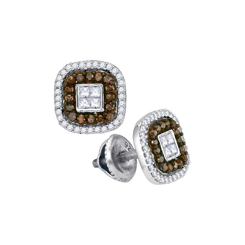10kt White Gold Womens Round Cognac-brown Colored Diamond Square Frame Cluster Earrings 1/2 Cttw 88931 - shirin-diamonds