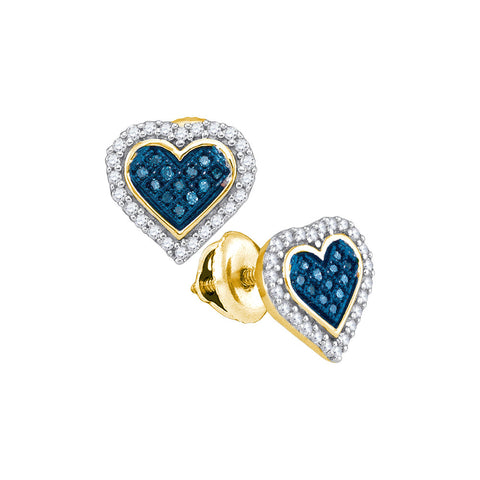 10kt Yellow Gold Womens Round Blue Colored Diamond Heart Love Stud Screwback Earrings 1/4 Cttw 88941 - shirin-diamonds