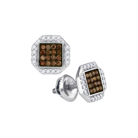 10kt White Gold Womens Round Cognac-brown Colored Diamond Octagon Cluster Earrings 3/8 Cttw 88972 - shirin-diamonds