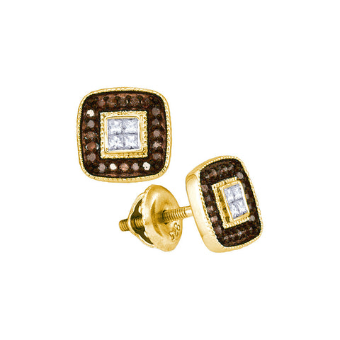 10kt Yellow Gold Womens Round Cognac-brown Colored Diamond Square Cluster Earrings 1/3 Cttw 88977 - shirin-diamonds