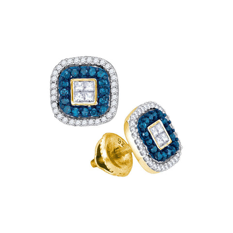 10kt Yellow Gold Womens Round Blue Colored Diamond Square Frame Cluster Earrings 1/2 Cttw 89154 - shirin-diamonds