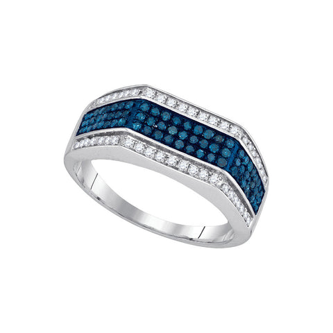 10kt White Gold Mens Round Blue Colored Diamond Triple Stripe Flat Surface Band 3/4 Cttw 89356 - shirin-diamonds