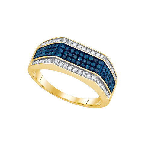 10kt Yellow Gold Mens Round Blue Colored Diamond Triple Stripe Flat Surface Band 3/4 Cttw 89357 - shirin-diamonds