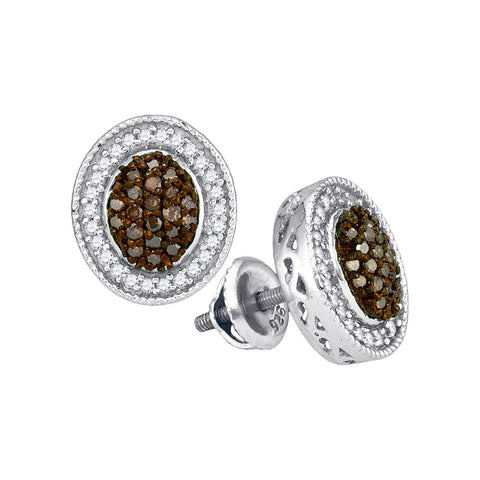 10kt White Gold Womens Round Cognac-brown Colored Diamond Oval Frame Cluster Earrings 1/2 Cttw 89691 - shirin-diamonds