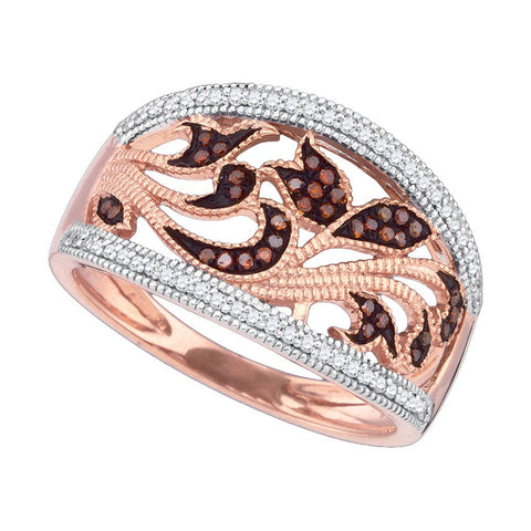 10kt Rose Gold Womens Round Red Colored Diamond Milgrain Floral Band Ring 1/4 Cttw 89730 - shirin-diamonds