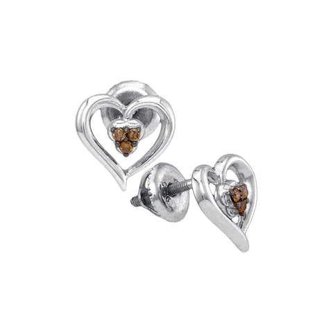 Sterling Silver Womens Round Cognac-brown Colored Diamond Heart Earrings 1/12 Cttw 90172 - shirin-diamonds
