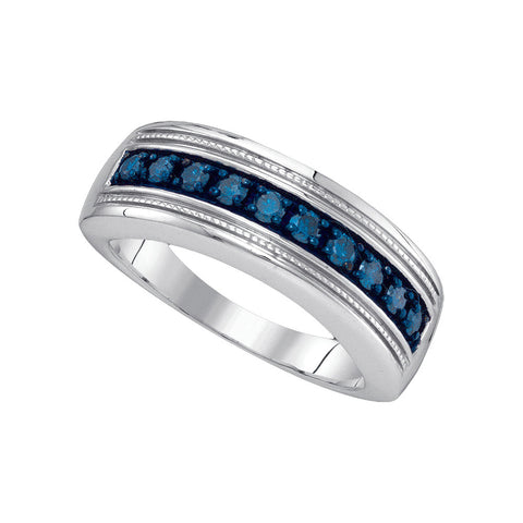 Sterling Silver Mens Round Blue Colored Diamond Wedding Anniversary Band 1/2 Cttw 90175 - shirin-diamonds