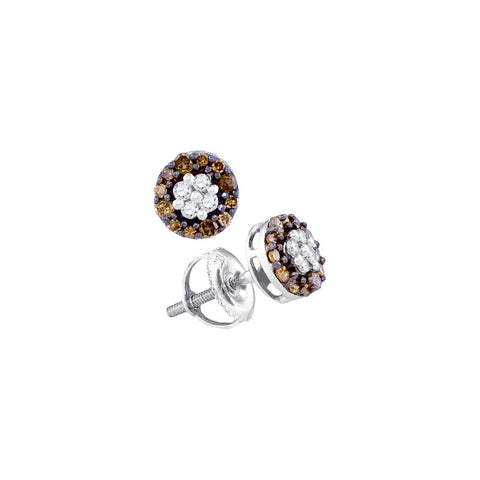 10kt White Gold Womens Round Cognac-brown Colored Diamond Cluster Stud Earrings 1/3 Cttw 90199 - shirin-diamonds