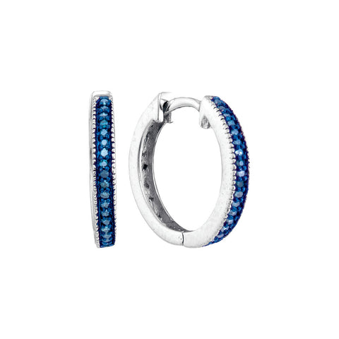Sterling Silver Womens Round Blue Colored Diamond Single Row Hoop Earrings 1/10 Cttw 90520 - shirin-diamonds
