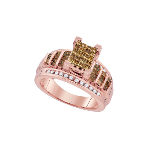 10kt Rose Gold Womens Princess Cognac-brown Colored Diamond Cluster Bridal Wedding Engagement Ring 1.00 Cttw 90849 - shirin-diamonds