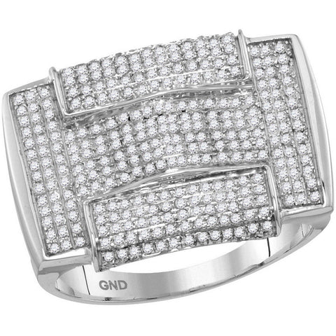 10kt White Gold Mens Round Pave-set Diamond Rectangle Arched Cluster Ring 1.00 Cttw 91403 - shirin-diamonds