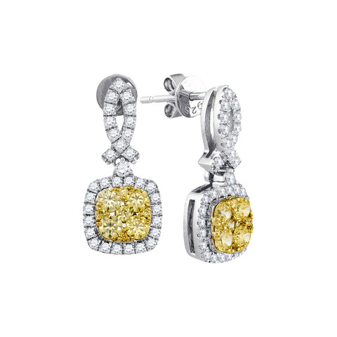 14kt White Gold Womens Round Yellow Diamond Square Frame Cluster Dangle Earrings 1-1/3 Cttw 91490 - shirin-diamonds