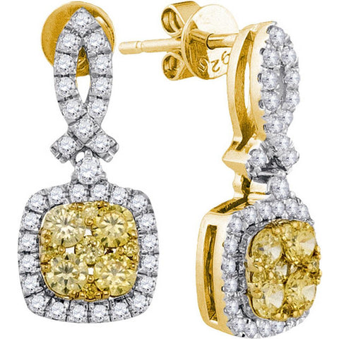 14kt Yellow Gold Womens Round Yellow Diamond Square Cluster Dangle Earrings 1-1/4 Cttw 91492 - shirin-diamonds