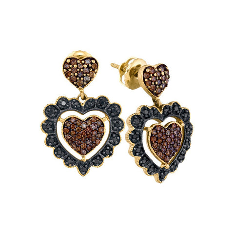 14kt Yellow Gold Womens Round Black Brown Colored Diamond Heart Earrings 1/2 Cttw 91690 - shirin-diamonds