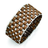 Stainless Steel Polished Woven Brown Leather Bracelet 7 Inch ''Bracelets