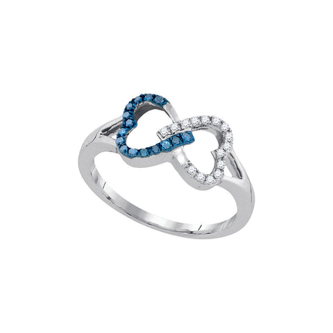Sterling Silver Womens Round Blue Colored Diamond Double Linked Heart Ring 1/6 Cttw 92323 - shirin-diamonds
