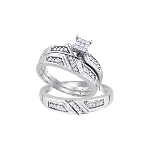 Sterling Silver His & Hers Princess Diamond Cluster Matching Bridal Wedding Ring Band Set 1/3 Cttw 92339 - shirin-diamonds