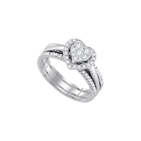 14kt White Gold Womens Diamond Heart 3-Piece Bridal Wedding Engagement Ring Band Set 1/2 Cttw 92827 - shirin-diamonds