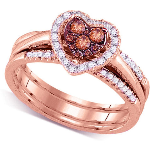14kt Rose Gold Womens Round Cognac-brown Colored Diamond Heart Cluster Bridal Wedding Engagement Ring Band Set 1/2 Cttw 94354 - shirin-diamonds