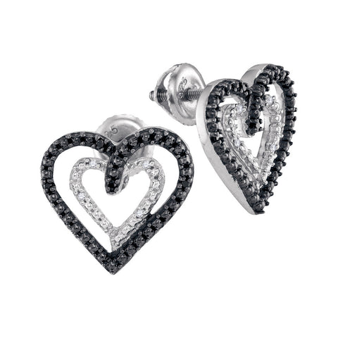 Sterling Silver Womens Round Black Colored Diamond Double Heart Stud Earrings 1/20 Cttw 94514 - shirin-diamonds