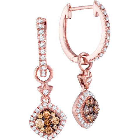 14kt Rose Gold Womens Round Cognac-brown Colored Diamond Hoop Square Dangle Earrings 1/2 Cttw 95501 - shirin-diamonds