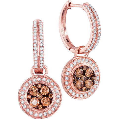 14kt Rose Gold Womens Round Cognac-brown Colored Diamond Circle Cluster Dangle Earrings 1-1/20 Cttw 95503 - shirin-diamonds
