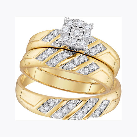 10kt Yellow Gold His & Hers Round Diamond Cluster Matching Bridal Wedding Ring Band Set 1/3 Cttw 96732 - shirin-diamonds